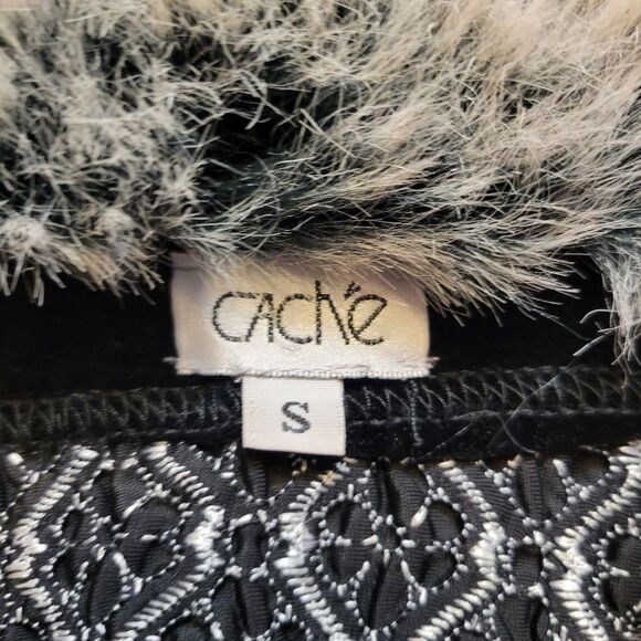 Cache Vintage Black Velvet and Gray Faux Fur Women's Carigan Sweater - Picture 9 of 13
